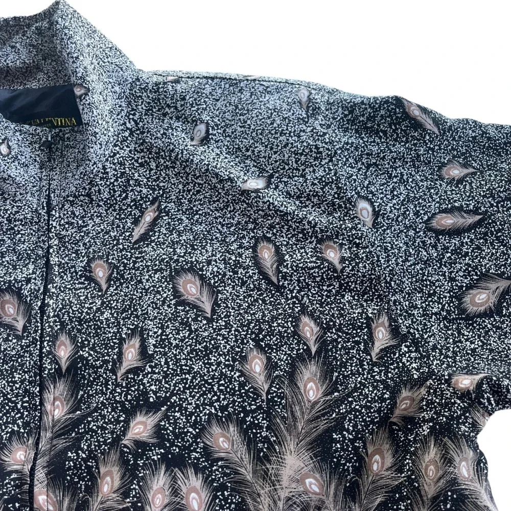 Valentina OS Black Tan Metallic, Peacock Ostrich Feather Print Bomber Jacket VTG